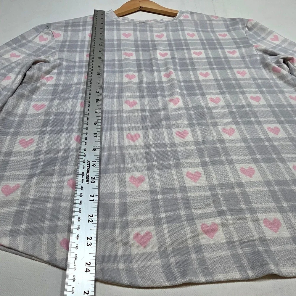 Loft Pajama Set Womens Large Gray Pink Heart Plaid Sleepwear Loungewear 2 Piece